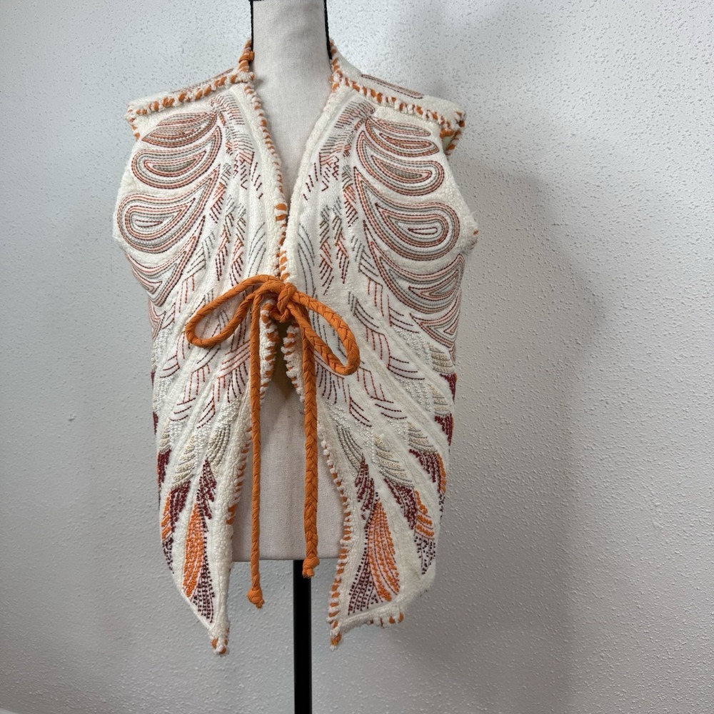By Anthropologie Embroidered Sherpa Vest Women's One Size Ivory Orang Red Boho
